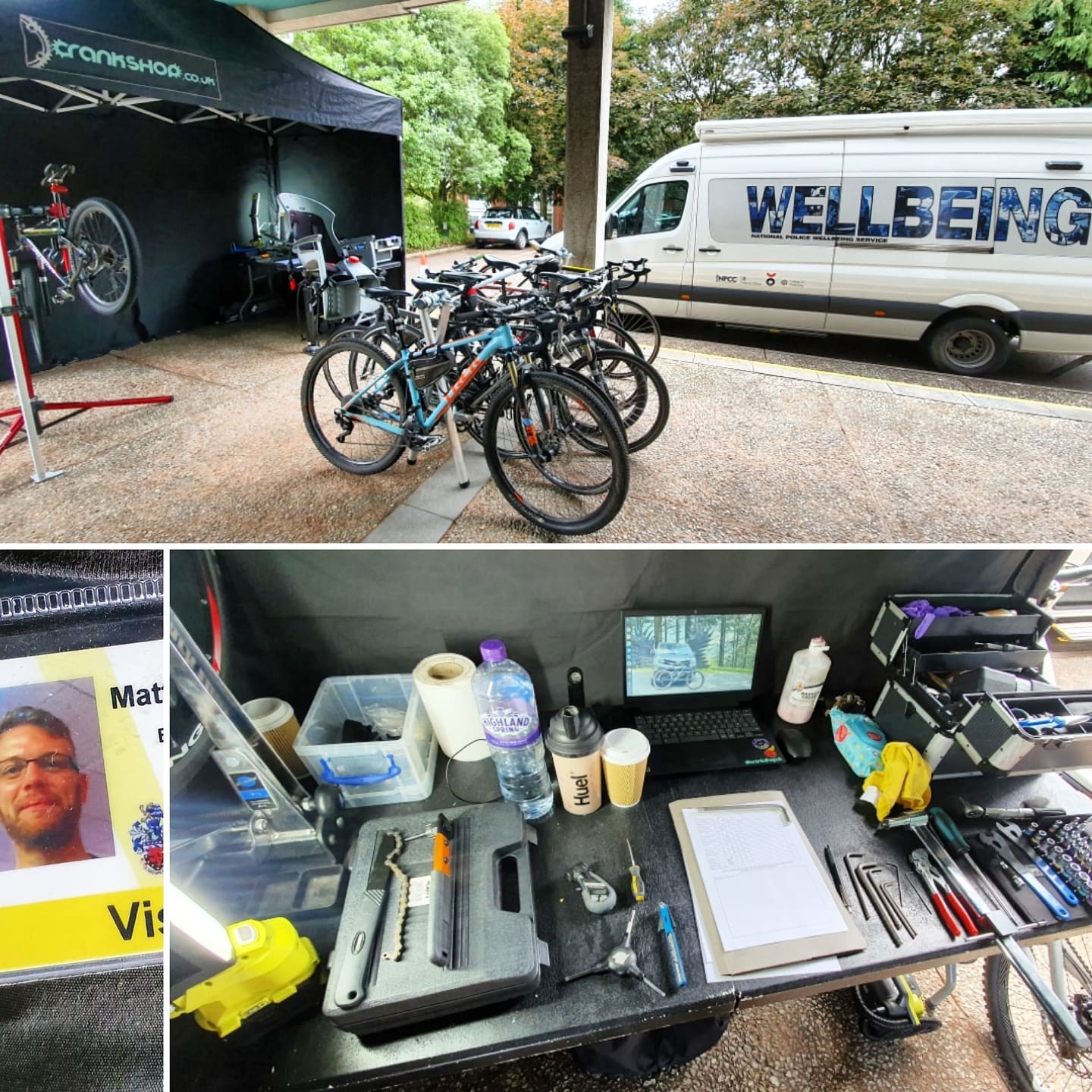 CrankShop providing static mechanical support at a police wellbeing event, with bikes on workstands
